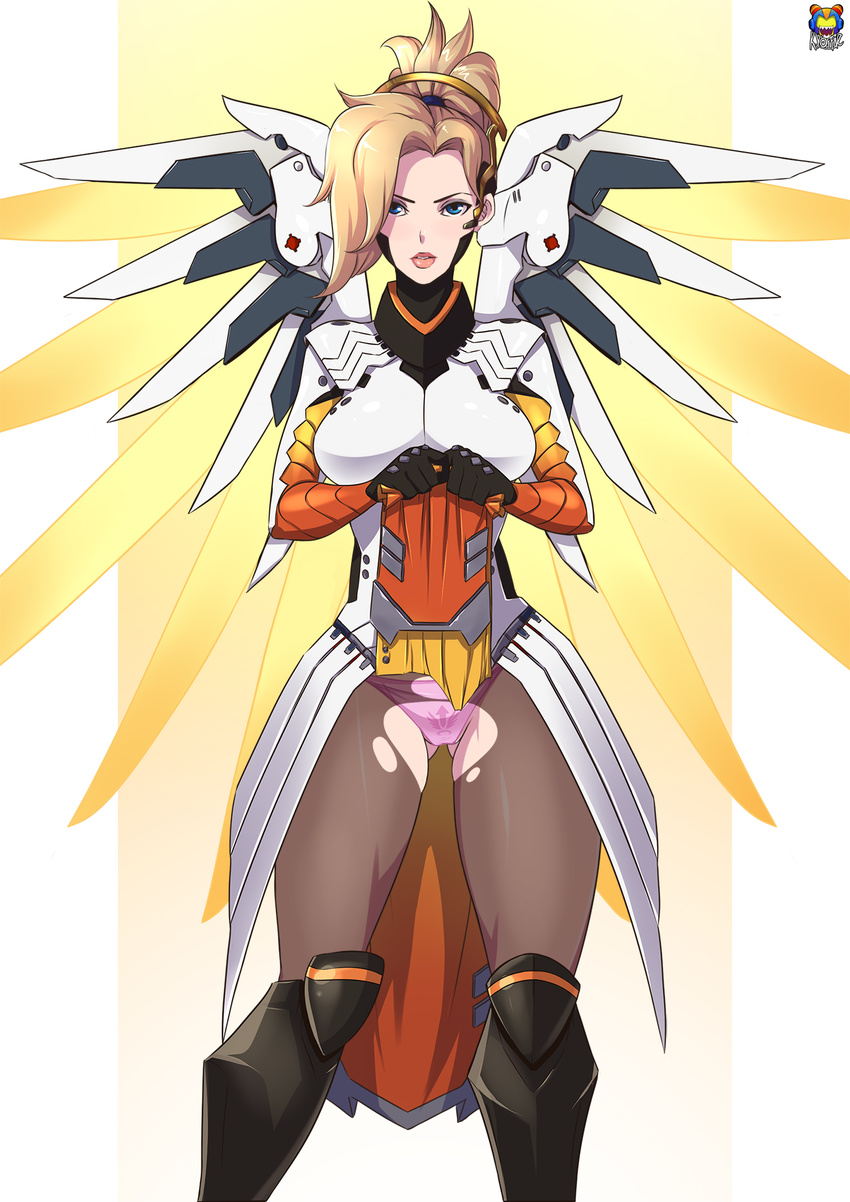 blonde_hair blue_eyes boots commentary english_commentary female headgear high_ponytail highres knee_boots kyoffie lipstick loincloth_lift looking_at_viewer makeup mechanical_wings mercy_(overwatch) overwatch overwatch_1 panties pantyhose photoshop_(medium) pink_panties solo spread_wings torn_clothes torn_pantyhose underwear wings yellow_wings