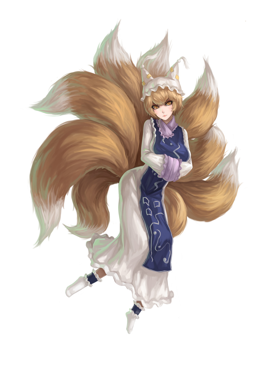 absurdres animal_ears animal_hat blonde_hair commentary female fox_tail full_body fuuko_chan hands_in_opposite_sleeves hat highres long_sleeves mob_cap multiple_tails short_hair socks solo tail tassel touhou transparent_background wide_sleeves yakumo_ran yellow_eyes