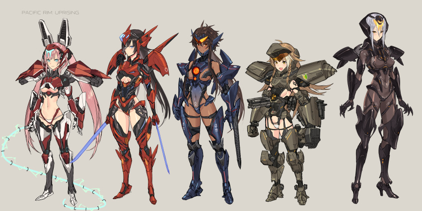 5girls absurdres black_hair bracer_phoenix braid brown_hair cannon commentary dark-skinned_female dark_skin dual_wielding gipsy_avenger guardian_bravo gun highres holding holding_sword holding_weapon jaeger_(pacific_rim) long_hair mecha_musume multiple_girls obsidian_fury pacific_rim pacific_rim:_uprising personification pink_hair saber_athena science_fiction short_hair shoshinsha_mark sigm@ sword twintails weapon whip white_hair