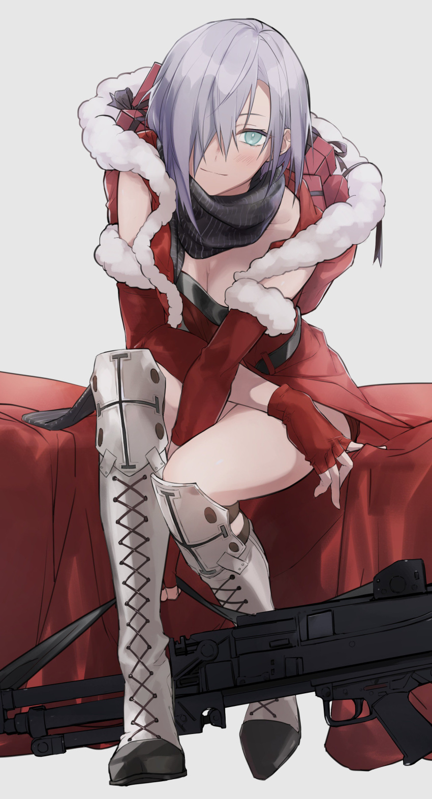 absurdres alternate_costume ashita_kura blue_eyes blue_hair boots breasts christmas cleavage commentary cross-laced_footwear female fingerless_gloves gift girls'_frontline gloves gun h&k_mg5 hair_over_one_eye highres knee_boots knee_pads lace-up_boots machine_gun mg5_(crimson_guardian)_(girls'_frontline) mg5_(girls'_frontline) official_alternate_costume sack santa_costume scarf smile solo weapon