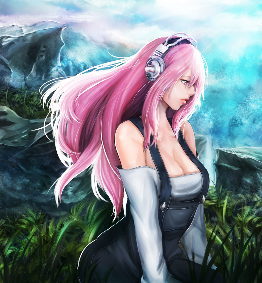 absurdres bare_shoulders blush breasts cleavage commentary_request female headphones highres korean_commentary large_breasts long_hair moonbo nitroplus overalls pink_eyes pink_hair solo super_sonico