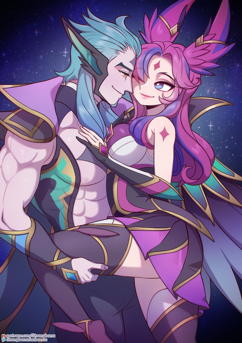 1boy 1girls animal_ears blue_eyes blue_hair clothed female gloves league_of_legends leg_grab looking_at_another male muscular_male one_eye_closed pink_hair pleated_skirt purple_hair rakan sleeveless smile star_guardian_rakan star_guardian_series star_guardian_xayah strongbana thighhighs vastaya xayah