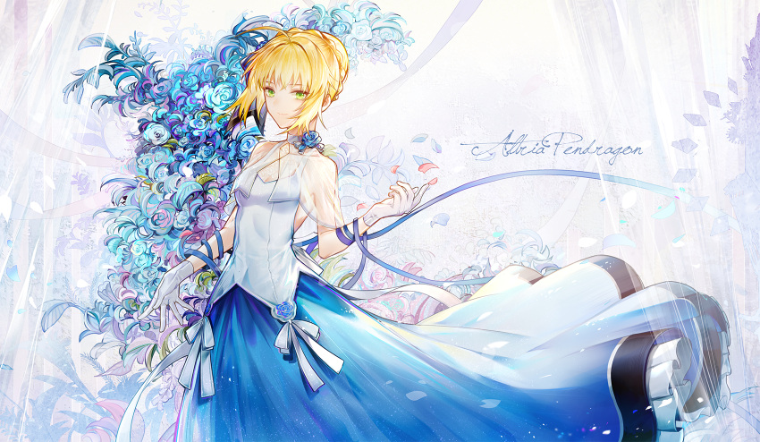 adapted_costume ahoge alternate_costume arm_ribbon artoria_pendragon_(fate) bai_qi-qsr blonde_hair blue_flower blue_ribbon blue_rose blue_skirt bow braid breasts capelet character_name choker cleavage closed_mouth commentary_request crown_braid curtains dress english_commentary fate/grand_order fate_(series) feet_out_of_frame female flower flower_choker gown green_eyes hair_bun highres long_skirt looking_at_viewer medium_breasts mixed-language_commentary outstretched_hand petals ribbon rose saber_(fate) see-through see-through_capelet shirt shirt_bow short_hair side_slit sideboob single_hair_bun skirt sleeveless sleeveless_shirt smile solo white_background white_bow white_choker white_shirt