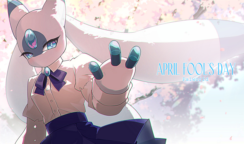 2024 3_fingers anthro april_fools'_day blue_eyes blue_fingers bottomwear bow_tie cherry_blossom cherry_tree clothing day dress_shirt ear_fins fan_character female fin fingers flower forehead_gem fruit_tree gem head_tails hi_res holidays looking_at_viewer lunaris_(pal) motoiwork mouthless outside pal_(species) palworld palworld!_more_than_just_pals petals plant pocketpair prunus_(flower) school_uniform shaded shirt skirt solo student title_drop topwear tree uniform waving_hand white_body