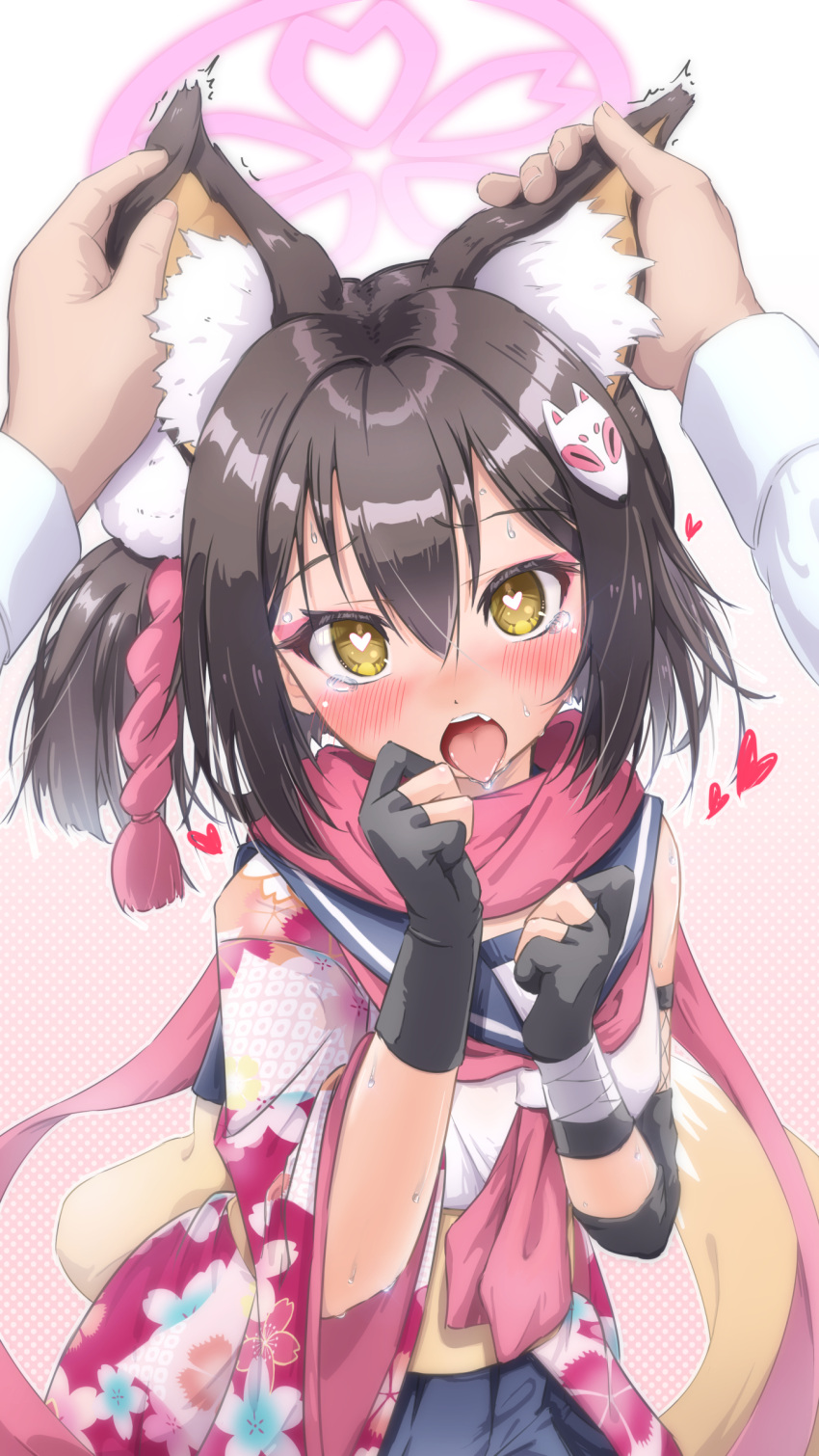 1other absurdres animal_ear_fluff animal_ears black_gloves black_hair black_sailor_collar black_skirt blue_archive blush eyeshadow female fox_ears fox_tail gloves hair_between_eyes halo heart heart-shaped_pupils highres izuna_(blue_archive) makeup neckerchief one_side_up open_mouth partially_fingerless_gloves pink_eyeshadow pink_halo pink_neckerchief pink_scarf pleated_skirt sailor_collar scarf short_hair skirt solo_focus symbol-shaped_pupils tail tears tomonx tongue tongue_out yellow_eyes