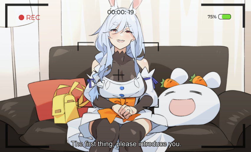 absurdres animal_ear_fluff animal_ears apron battery_indicator blue_hair blush braid breasts casting_couch commentary couch english_commentary female highres hololive large_breasts long_hair looking_at_viewer mature_female multicolored_hair on_couch open_mouth pekomama pekomon_(usada_pekora) rabbit_ears rabbit_girl rakugaki_shiro recording sitting smile solo teeth thick_eyebrows upper_teeth_only viewfinder virtual_youtuber white_hair