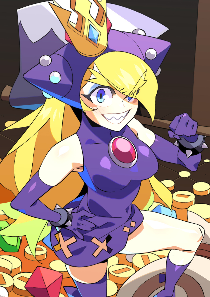 absurdres axe blonde_hair blue_eyes bracelet breasts chest_jewel crown dress elbow_gloves female gloves grin highres holding holding_axe hooded_dress jewelry kneehighs long_hair looking_at_viewer mario_(series) mario_power_tennis mario_tennis medium_breasts purple_dress purple_footwear purple_socks rakugaki_shiro sharp_teeth sleeveless sleeveless_dress smile socks solo spiked_bracelet spikes stack_of_coins teeth warupeach