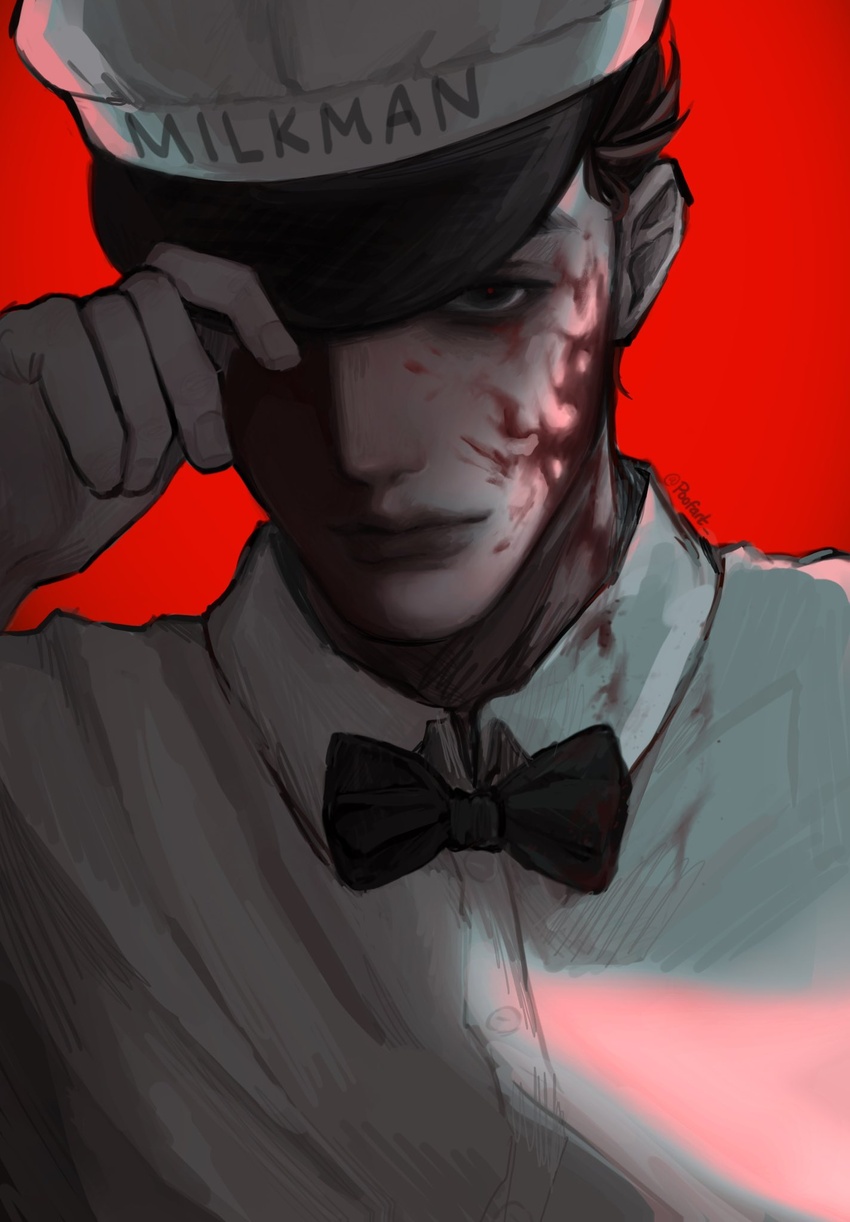 1boy adjusting_clothes adjusting_headwear arm_up black_bow black_bowtie black_eyes black_hair blood blood_on_clothes blood_on_face bow bowtie closed_mouth collared_shirt commentary empty_eyes english_commentary francis_mosses grey_hat grey_shirt hat highres light_smile looking_at_viewer male_focus milkman one_eye_covered poofart red_background red_pupils shirt short_hair solo that's_not_my_neighbor uniform upper_body very_short_hair