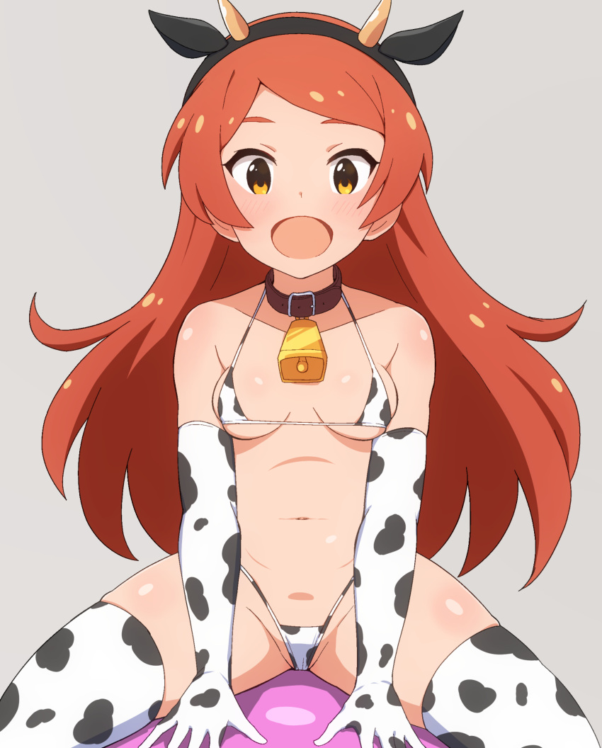 :d animal_print ball bell bikini black_hairband blush breasts choker cow_print cow_print_bikini cowbell cowboy_shot elbow_gloves exercise_ball fake_horns female gloves grey_background hairband highres horns idolmaster idolmaster_million_live! idolmaster_million_live!_theater_days long_hair looking_at_viewer medium_breasts micro_bikini navel neck_bell nejime_(nejimeinu) ogami_tamaki open_mouth orange_hair print_bikini sidelocks simple_background sitting_on_ball smile solo straight_hair swimsuit thighhighs