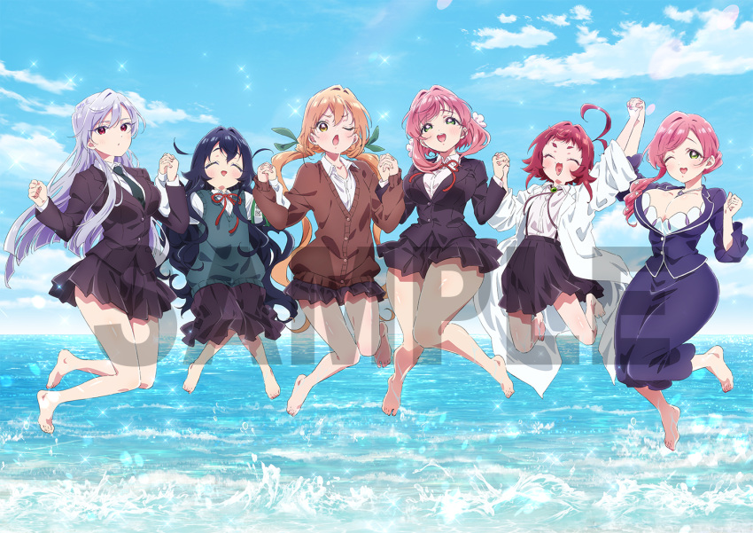 6+girls :3 :d ;d antenna_hair arm_up armband artist_request asymmetrical_hair barefoot blazer blue_hair blue_sky blunt_ends blush bolo_tie breasts brown_cardigan buttons cardigan cleavage closed_eyes closed_jacket cloud coat collared_shirt day dot_nose double-parted_bangs dress_shirt eiai_nano eyelashes facing_up facing_viewer fingernails flat_chest flower flower_necklace frilled_sleeves frills full_body green_armband green_eyes green_necktie green_ribbons green_sweater_vest grey_hair hair_between_eyes hair_bun hair_flower hair_intakes hair_ornament hair_over_shoulder hair_ribbon hanazono_hahari hanazono_hakari hands_up heart heart_in_mouth holding_hands huge_breasts inda_karane interlocked_fingers jacket jumping kimi_no_koto_ga_dai_dai_dai_dai_daisuki_na_100-nin_no_kanojo knees_together_feet_apart lab_coat lapels large_breasts light_brown_hair lineup lone_nape_hair long_bangs long_hair long_skirt long_sleeves looking_at_viewer looking_up loose_hair_strand low-cut low_twintails mature_female medium_hair miniskirt mole mole_under_eye mother_and_daughter multiple_girls nail_polish neck_ribbon necklace_between_breasts necktie notched_lapels ocean official_art one_eye_closed open_mouth outdoors oversized_clothes pencil_skirt pink_hair pink_nails pleated_skirt purple_jacket purple_shirt purple_skirt red_eyes red_hair red_ribbon ribbon ringlets sample_watermark school_uniform shirt shirt_tucked_in short_bangs short_eyebrows short_messy_bangs side-by-side sidelocks skirt sky sleeves_rolled_up smile sparkle suspender_skirt suspenders sweater_vest swept_bangs teeth thick_eyebrows thick_thighs thighs toenail_polish toenails triangle_mouth twintails upper_teeth_only v-neck very_long_hair watermark waves wavy_hair white_coat white_flower white_shirt yakuzen_kusuri yellow_eyes yoshimoto_shizuka