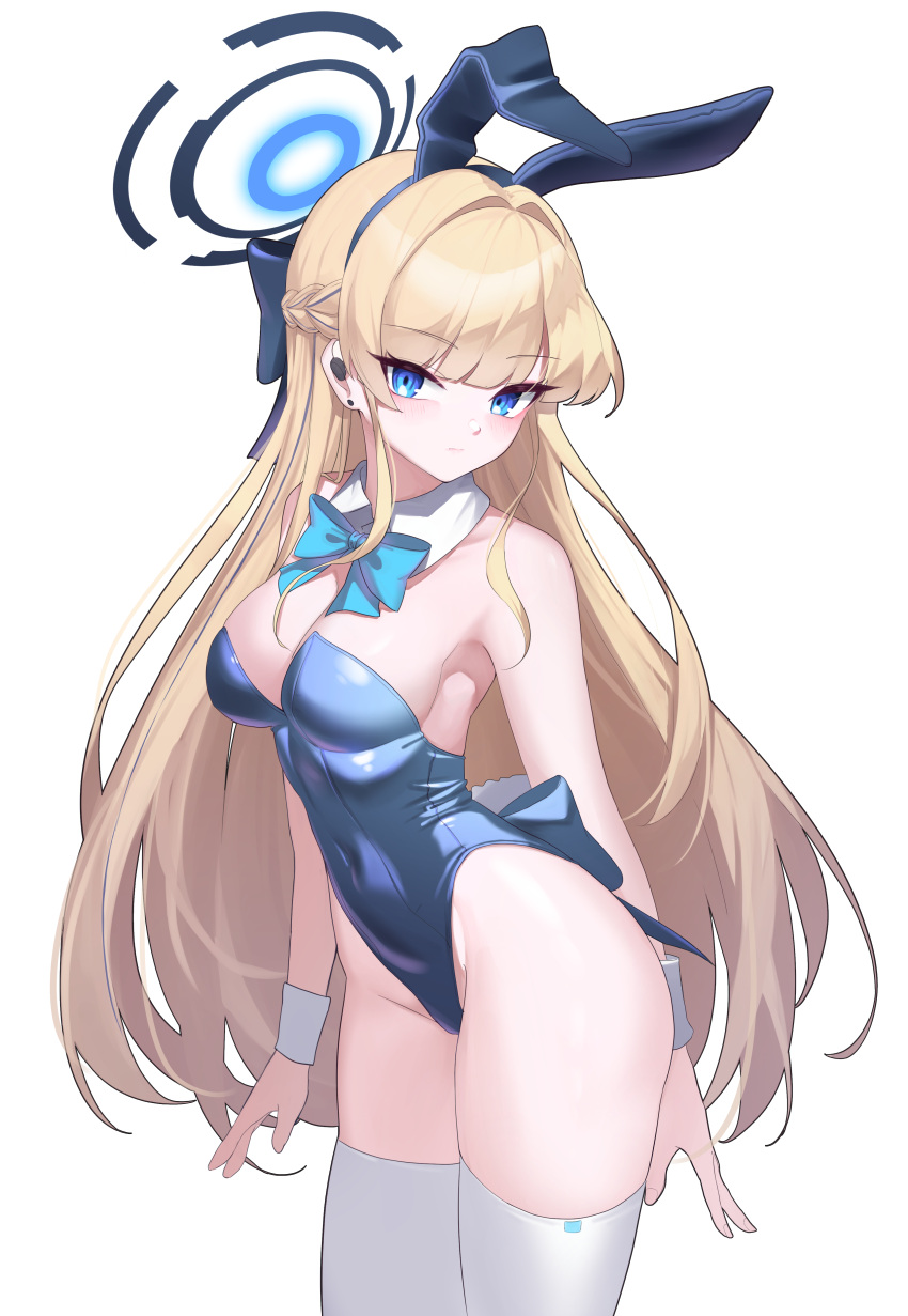 absurdres animal_ears back_bow blonde_hair blue_archive blue_bow blue_bowtie blue_eyes blue_hair blue_halo blue_leotard bow bowtie braid breasts cowboy_shot detached_collar fake_animal_ears fake_tail female half_up_braid halo highleg highleg_leotard highres iznal leotard long_hair multicolored_hair official_alternate_costume playboy_bunny rabbit_ears rabbit_tail simple_background solo standing strapless strapless_leotard streaked_hair tail thighhighs toki_(blue_archive) toki_(bunny)_(blue_archive) white_background white_thighhighs white_wrist_cuffs wrist_cuffs