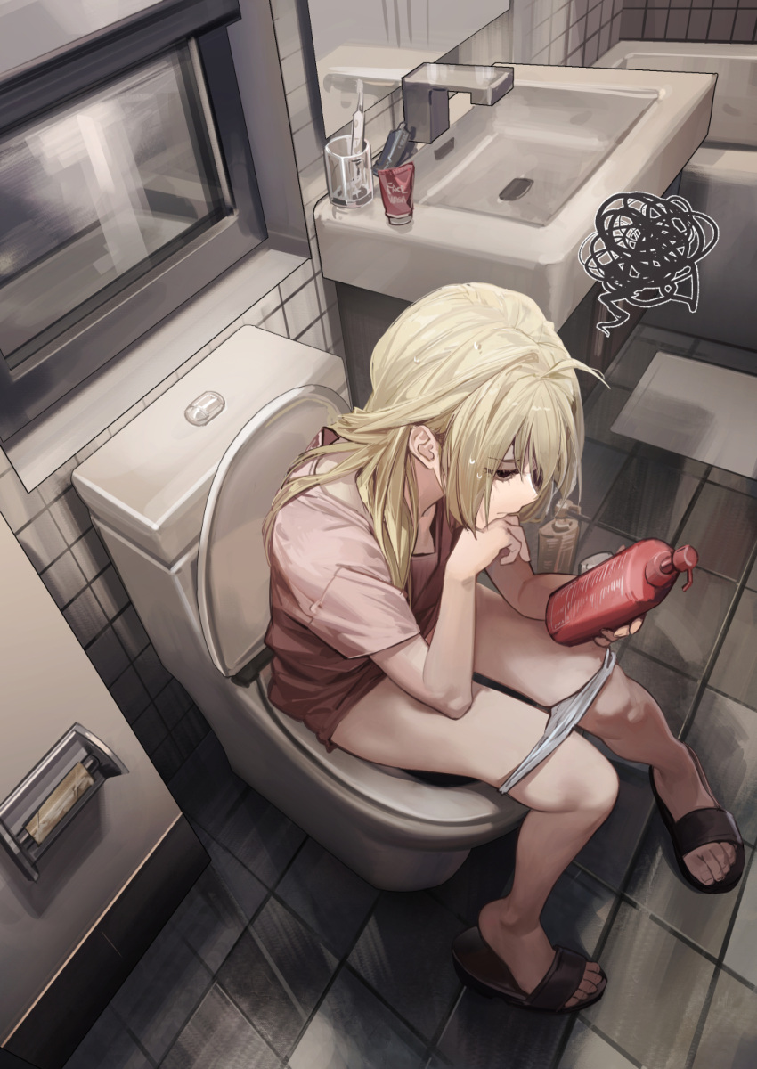 ahoge bathroom bathtub blonde_hair cup female from_above highres indoors lotion_bottle mirror no_toilet_paper on_toilet original panties panty_pull pink_shirt reading rff_(3_percent) shirt sink sitting slippers squiggle tile_floor tiles toilet toilet_paper_tube toothbrush underwear unfinished white_panties window