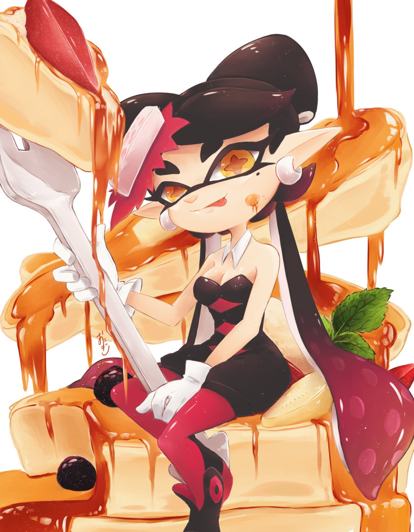 +_+ :p artist_name black_footwear black_hair black_jumpsuit blueberry breasts brown_eyes callie_(splatoon) closed_mouth collar commentary detached_collar earrings female food food_on_face food_on_head fruit gloves gradient_hair highres holding holding_spoon inkling jewelry jumpsuit licking_lips long_hair looking_at_viewer medium_breasts mole mole_under_eye multicolored_hair object_on_head okome_2g2g oversized_object pancake pantyhose pointy_ears red_hair red_pantyhose shoes short_jumpsuit signature sitting smile solo splatoon_(series) splatoon_1 spoon strapless strawberry swept_bangs symbol-only_commentary syrup tentacle_hair tied_hair tongue tongue_out very_long_hair white_background white_collar white_gloves wing_collar