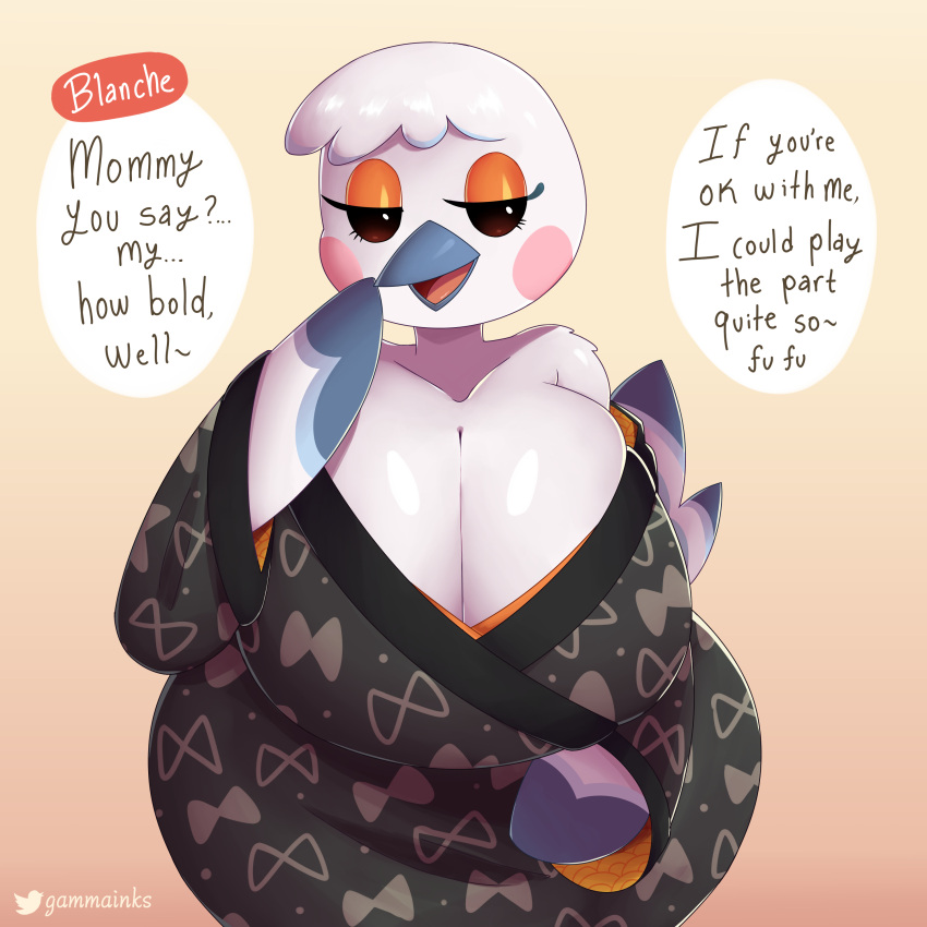 1:1 2022 absurd_res animal_crossing anthro avian beak big_breasts bird blanche_(animal_crossing) breasts cleavage clothed clothing dialogue digital_media_(artwork) english_text female gammainks hi_res huge_breasts looking_at_viewer mommy_kink nintendo non-mammal_breasts open_beak open_mouth ostrich ratite simple_background solo talking_to_viewer text