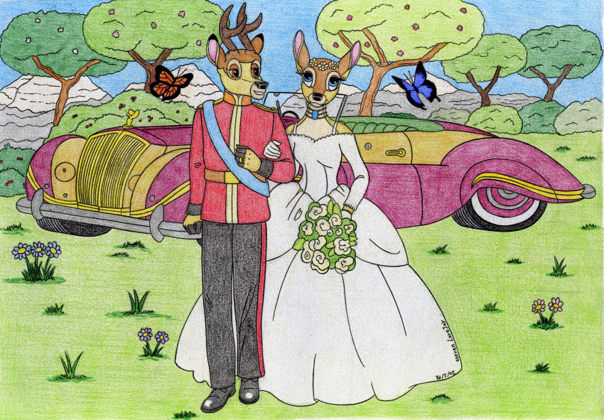 anthro anthrofied antlers arthropod bambi bambi_(film) belt bottomwear buick_skylark butterfly car clothing deer digit_ring disney dress duo elegant faline_(bambi) female flower footwear gloves grass handwear hi_res horn insects jewelry lepidopteran male male/female mammal mountain mule_deer nature new_world_deer plant ring rolls-royce shoes shrub skirt sky traditional_media_(artwork) tree uniform vehicle wedding wedding_dress wedding_ring