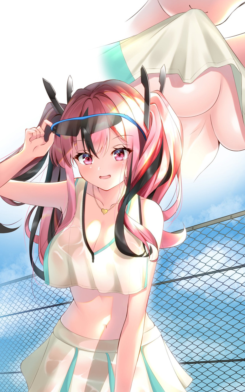 :d adjusting_eyewear azur_lane bare_shoulders black_hair blue_sky breasts bremerton_(azur_lane) bremerton_(scorching-hot_training)_(azur_lane) chain-link_fence cleavage clothes_lift cloud collarbone commentary_request cowboy_shot crop_top crop_top_overhang day eyewear_on_head female fence green_skirt hair_between_eyes hair_intakes hair_ornament heart heart_necklace highres jewelry large_breasts leaning_forward lifting_own_clothes long_hair looking_at_viewer midriff mouth_hold multicolored_hair multiple_views nagi_aoi navel necklace no_mole official_alternate_costume open_mouth outdoors pink_eyes pink_hair see-through shirt shirt_lift sidelocks skirt sky sleeveless sleeveless_shirt smile sports_sunglasses sportswear standing streaked_hair sunglasses tennis_uniform twintails two-tone_hair two-tone_shirt two-tone_skirt underboob wet wet_clothes wet_shirt wet_skirt white_shirt white_skirt