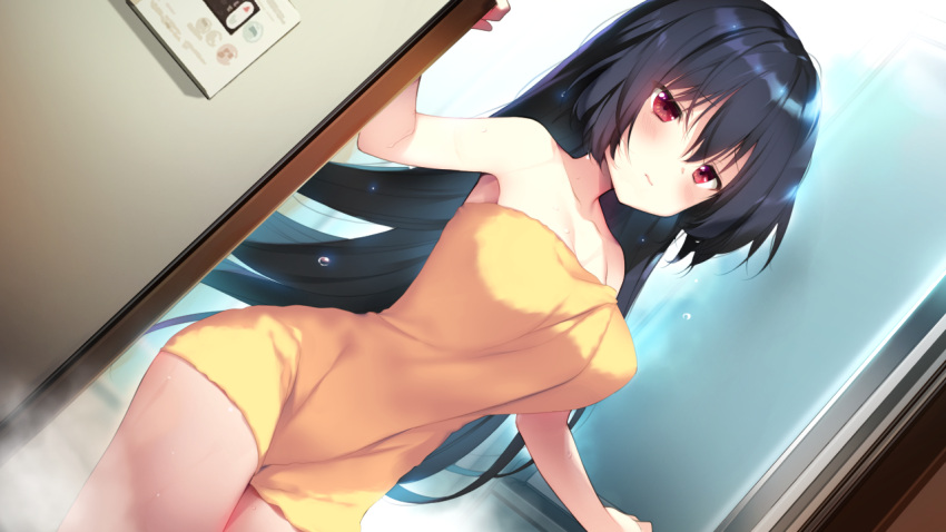 black_hair blush breasts butterfly_seeker closed_mouth collarbone cowboy_shot dutch_angle female game_cg hair_between_eyes hatori_piyoko himuro_chitose indoors large_breasts long_hair naked_towel red_eyes solo standing straight_hair towel very_long_hair