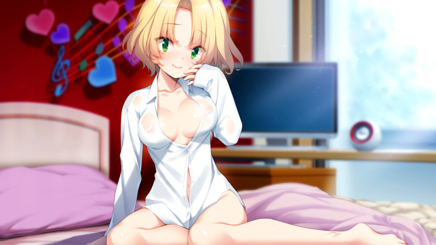 barefoot bed_sheet bedroom blonde_hair blurry blurry_background breasts butterfly_seeker cleavage closed_mouth collarbone collared_shirt covered_nipples female game_cg green_eyes hair_between_eyes hair_intakes hatori_piyoko long_sleeves medium_breasts medium_hair naked_shirt on_bed partially_unbuttoned pillow saotome_haya shirt sleeves_past_wrists slit_pupils smile solo white_shirt wing_collar