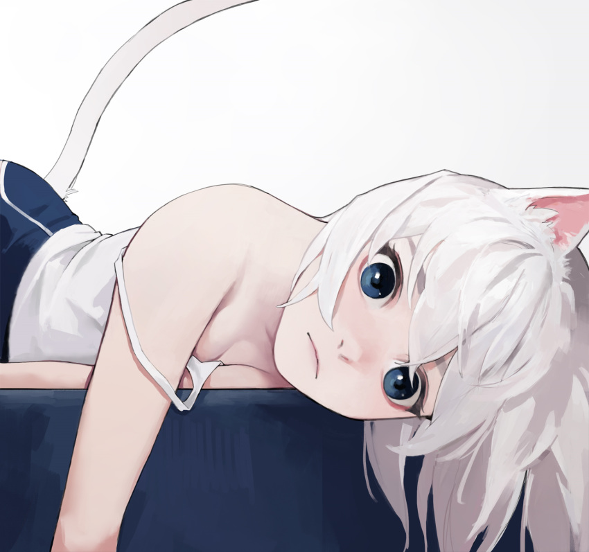 animal_ears bad_id bad_pixiv_id bare_shoulders blue_eyes blue_pants breasts cat_ears cat_girl cat_tail closed_mouth commentary dongho_kang english_commentary female highres looking_at_viewer lying on_stomach original pants shirt short_hair simple_background small_breasts solo strap_slip tail tank_top white_background white_hair white_shirt white_tank_top