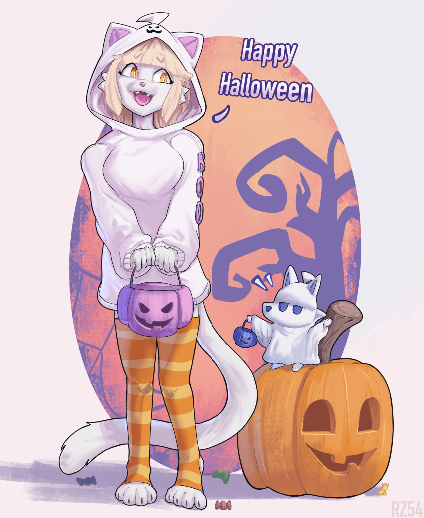 absurd_res anthro blonde_hair blue_eyes clothed clothing duo emma_(rz54) fangs female food front_view fruit fur hair halloween hi_res holding_object holidays hoodie legwear male open_mouth orange_eyes oversized_clothing pattern_clothing pattern_legwear pink_tongue plant pumpkin rz54 rz54_(rz54) simple_eyes size_difference standing striped_clothing striped_legwear stripes teeth tongue topwear white_body white_clothing white_fur white_hoodie white_topwear