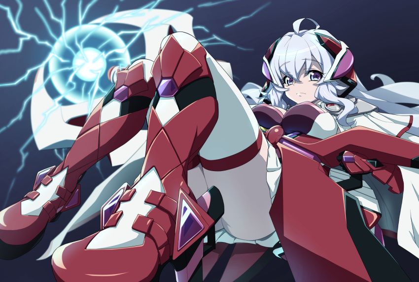 ahoge ass boots breasts electricity female headgear headphones large_breasts light_purple_hair long_hair looking_at_viewer lying on_back purple_eyes red_thighhighs senki_zesshou_symphogear senki_zesshou_symphogear_xd_unlimited simple_background skirt solo thighhighs uganda_(ugandam_00) white_thighhighs yukine_chris yukine_chris_(another)