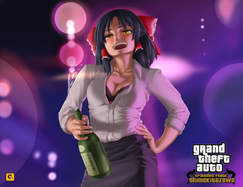 alcohol alternate_costume black_bra black_hair black_skirt bottle bow bra breasts cleavage commentary_request cookie_(touhou) cowboy_shot female frilled_bow frills grand_theft_auto grand_theft_auto_iv hair_tubes hairbow hakurei_reimu half_updo hand_on_own_hip highres holding holding_bottle lens_flare looking_at_viewer manatsu_no_yo_no_inmu medium_breasts megafaiarou_(talonflame_810) office_lady open_mouth partial_commentary purple_background red_bow sake sake_bottle sananana_(cookie) shirt shirt_tucked_in short_hair skirt solo standing teeth touhou unbuttoned unbuttoned_shirt underwear white_shirt yellow_eyes