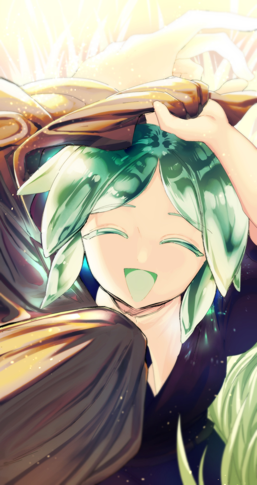 1boy 1other :d ^_^ absurdres closed_eyes colored_eyelashes commentary_request crystal_hair gem_uniform_(houseki_no_kuni) green_hair highres houseki_no_kuni kongou_sensei light_particles open_mouth phosphophyllite pov smile solo_focus tete_(kyouko)