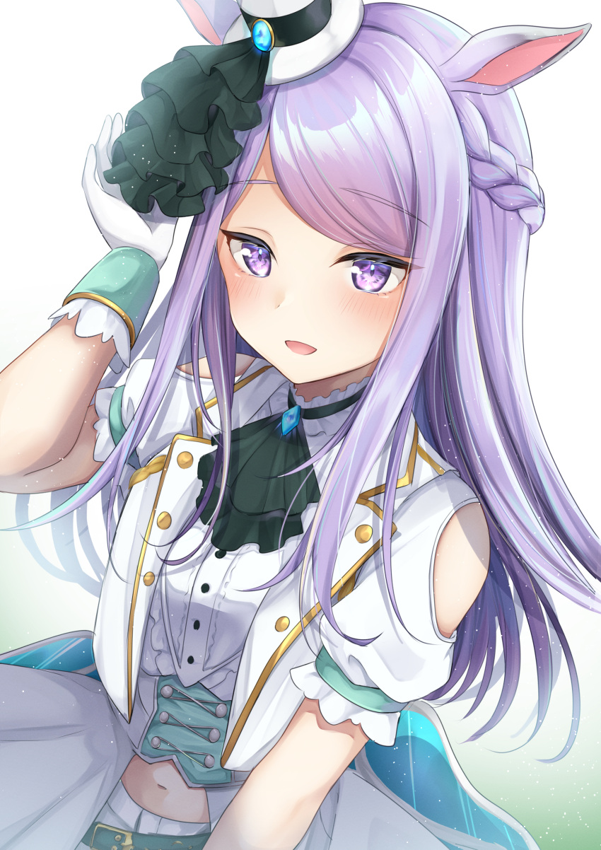 absurdres adjusting_clothes adjusting_headwear animal_ears arm_up bad_id bad_pixiv_id blush braid clothing_cutout female french_braid gloves hands_up hat highres horse_ears horse_girl jacket light_purple_hair long_hair mejiro_mcqueen_(end_of_sky)_(umamusume) mejiro_mcqueen_(umamusume) mini_hat mini_top_hat miyagi_ratona navel_cutout official_alternate_costume parted_lips purple_eyes short_sleeves shoulder_cutout simple_background solo swept_bangs top_hat umamusume upper_body white_background white_gloves white_hat white_jacket