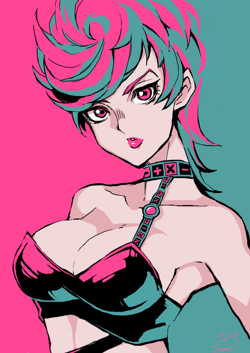 absurdres aqua_background bare_shoulders breasts choker cleavage collarbone female highres jojo_no_kimyou_na_bouken large_breasts limited_palette looking_at_viewer pink_background pink_eyes pink_hair pink_lips samidare_satsuki shadow short_hair signature solo trish_una two-tone_background upper_body vento_aureo