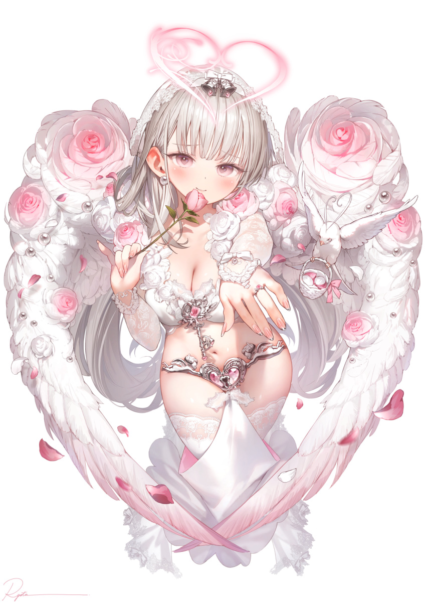 angel basket bird blush breasts bridal_veil chastity_belt cleavage closed_mouth collarbone commentary earrings feathered_wings female fingernails flower grey_hair halo heart heart-shaped_pupils heart_halo highres holding holding_flower jewelry key large_breasts long_hair navel original petals pink_eyes pink_flower pink_rose ring rose ryota_(ry_o_ta) signature simple_background smile solo symbol-only_commentary symbol-shaped_pupils thighhighs veil very_long_hair wedding_ring white_background white_thighhighs white_wings wings