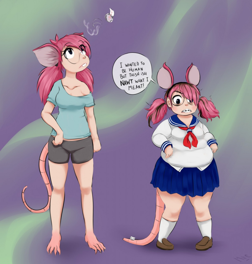 2019 annoyed anthro anthro_to_human armor barefoot before_and_after blush bottomwear braces breasts buckteeth clothing dialogue english_text eyewear fake_ears fake_mouse_ears fake_tail feet female glasses hair hi_res human lisp looking_up mammal mentalcrash murid murine overweight overweight_female pink_hair rat rodent school_uniform shirt shorts shrinking shrinking_breast simple_background size_transformation solo species_transformation standing teeth text topwear transformation twintails uniform weight_gain