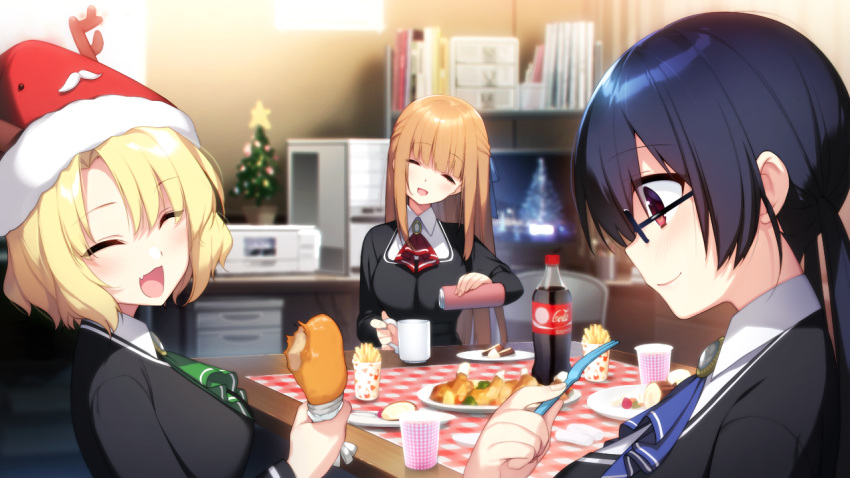 3girls :d ascot black_hair black_jacket blonde_hair blue_neckwear blue_ribbon blurry blurry_background blush brown_hair butterfly_seeker christmas closed_eyes closed_mouth food fork fur-trimmed_headwear fur_trim game_cg glasses green_ascot hair_ribbon hat hatori_piyoko head_tilt himuro_chitose holding holding_food holding_fork jacket long_hair long_sleeves medium_hair multiple_girls oerba_yun_fang profile red_ascot red_eyes red_headwear ribbon santa_hat saotome_haya sitting smile table tendou_yui upper_body very_long_hair wing_collar