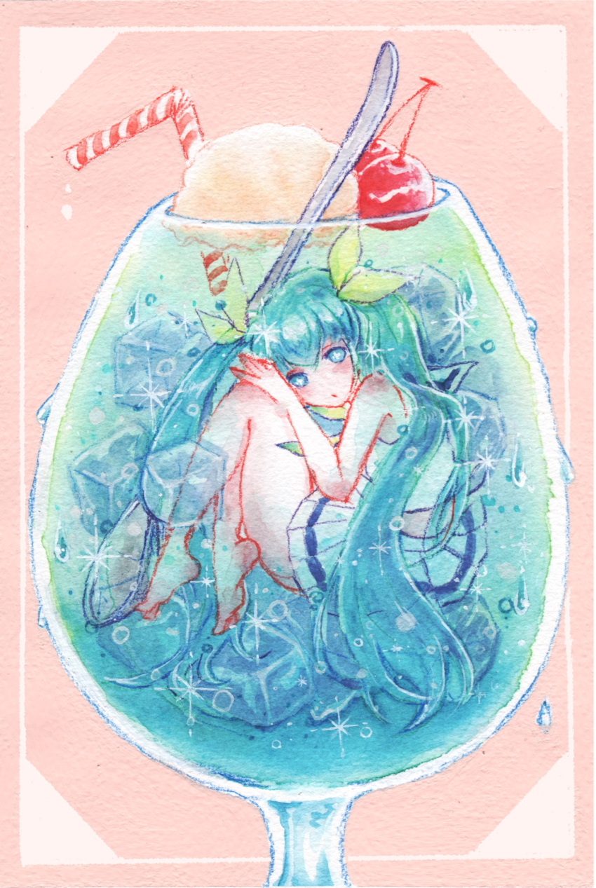 aqua_hair bare_shoulders barefoot blue_eyes cherry closed_mouth commentary cup drinking_straw female food from_side fruit full_body hand_on_own_knee hatsune_miku highres ice ice_cream ice_cream_float ice_cube in_container in_cup long_hair looking_at_viewer miniskirt painting_(medium) pleated_skirt shirt skirt sleeveless sleeveless_shirt spoon submerged tpamjdsta_(usatokurasu) traditional_media very_long_hair vocaloid watercolor_(medium) white_shirt white_skirt