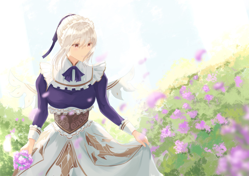 108_(serra) absurdres blue_ribbon braid bush day dress falling_petals female flower frills hair_ribbon highres holding holding_flower light_smile long_sleeves looking_to_the_side maid_headdress outdoors petals purple_petals red_eyes ribbon sennen_sensou_aigis serra_(sennen_sensou_aigis) short_hair skirt_hold solo standing statice white_hair