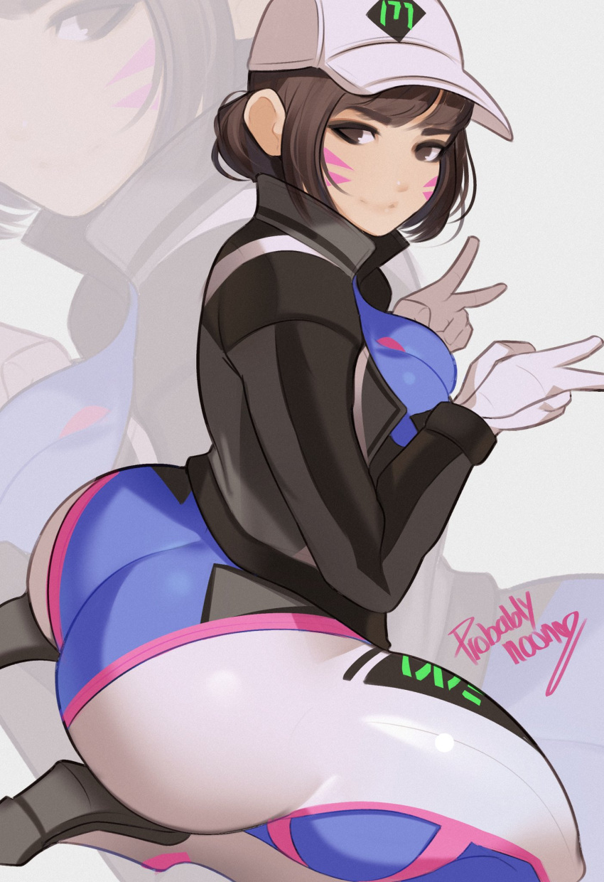 alternate_costume artist_name ass baseball_cap black_jacket bodysuit breasts brown_eyes brown_hair d.va_(overwatch) facial_mark female full_body grey_background hair_bun hat highres huge_ass jacket looking_at_viewer overwatch overwatch_1 popped_collar probably_noon seiza shooting_star_d.va sidelocks signature single_hair_bun sitting solo tattoo v zoom_layer