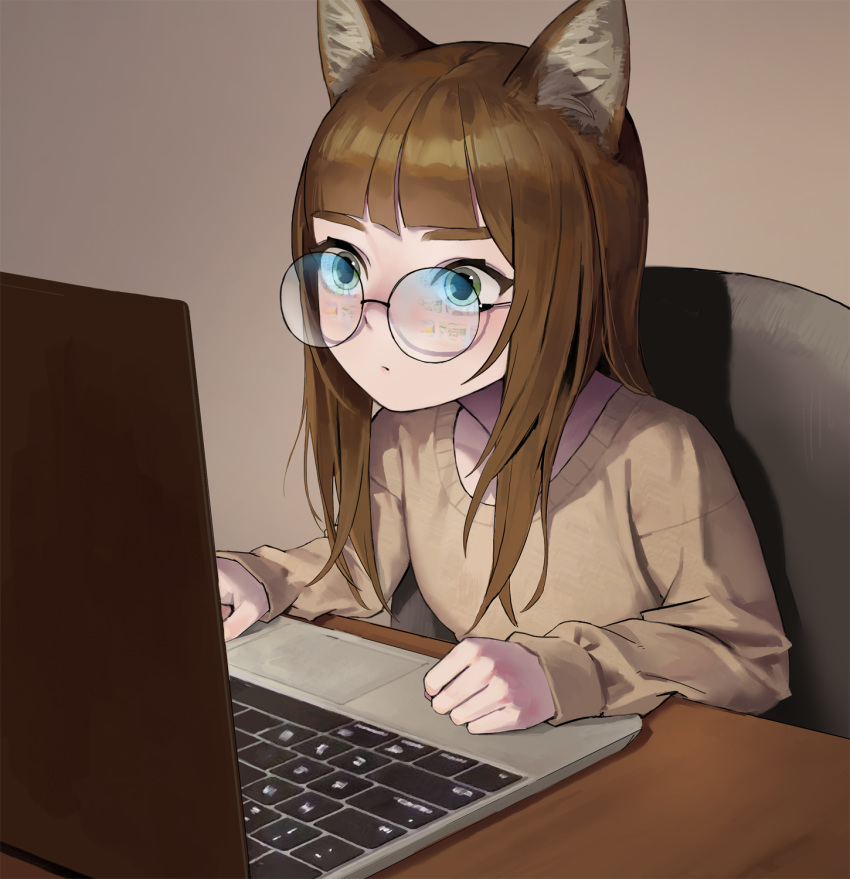 animal_ear_fluff animal_ears bad_id bad_pixiv_id blunt_bangs brown_hair brown_sweater cat_ears chair closed_mouth commentary computer derivative_work dongho_kang female glasses green_eyes highres indoors laptop long_hair long_sleeves looking_at_screen meme open_mouth original photo-referenced real_life reflection rimless_eyewear round_eyewear sitting solo sweater upper_body