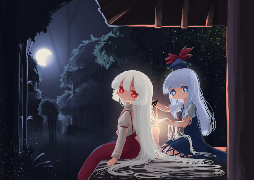 2girls absurdly_long_hair absurdres arms_at_sides bamboo bamboo_forest blue_dress blue_eyes blue_hair blue_headwear bright_pupils brushing_another's_hair brushing_hair candle comb commentary crescent_moon dress eyebrows_hidden_by_hair fire forest fujiwara_no_mokou hair_between_eyes hat highres holding holding_another's_hair holding_comb juliet_sleeves kamishirasawa_keine light_blue_hair long_hair long_sleeves looking_at_viewer looking_to_the_side moon multiple_girls nature neckerchief night night_sky no_mouth pants puffy_short_sleeves puffy_sleeves red_eyes red_neckerchief red_pants seiza shirt short_sleeves sitting sky suspenders sweet_reverie tokin_hat touhou veranda very_long_hair white_hair white_pupils white_shirt