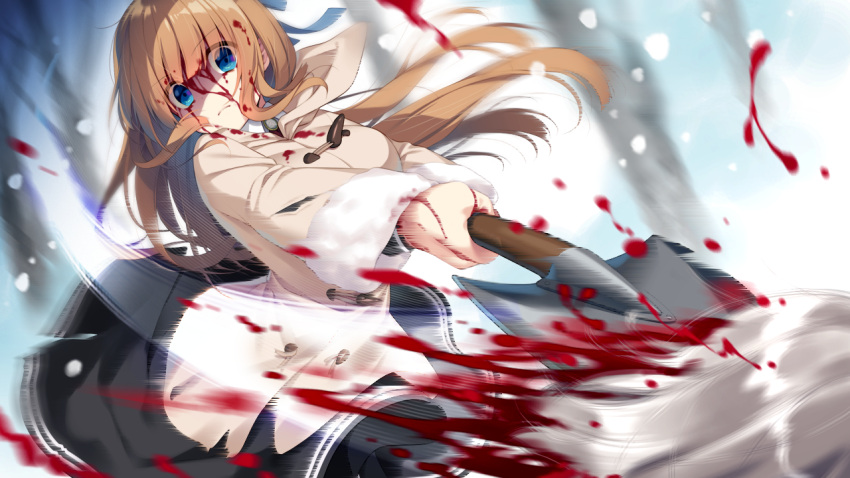 black_skirt blood blood_in_hair blood_on_face blue_eyes blurry blurry_background brown_hair butterfly_seeker coat female floating_hair game_cg hatori_piyoko holding holding_shovel holding_weapon long_hair long_sleeves looking_at_viewer miniskirt motion_blur shovel skirt solo_focus straight_hair tendou_yui very_long_hair weapon