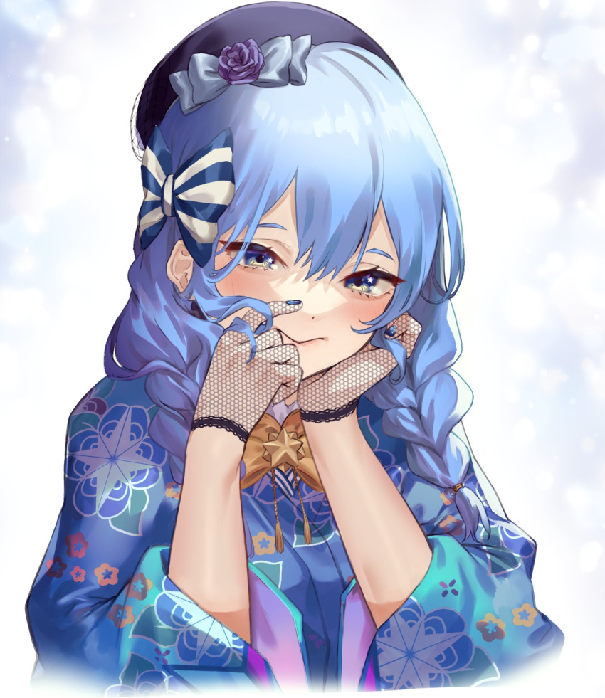 bad_id bad_twitter_id blue_eyes blue_hair blue_kimono blue_nails bow braid closed_mouth eredhen female fishnet_gloves fishnets floral_print gloves hair_between_eyes hair_over_shoulder hairbow hand_on_own_cheek hand_on_own_face hat highres hololive hoshimachi_suisei hoshimachi_suisei_(new_year) japanese_clothes kimono long_hair nail_polish official_alternate_costume official_alternate_hair_length official_alternate_hairstyle print_kimono simple_background solo star_(symbol) star_in_eye striped striped_bow symbol_in_eye twin_braids twintails upper_body virtual_youtuber white_background