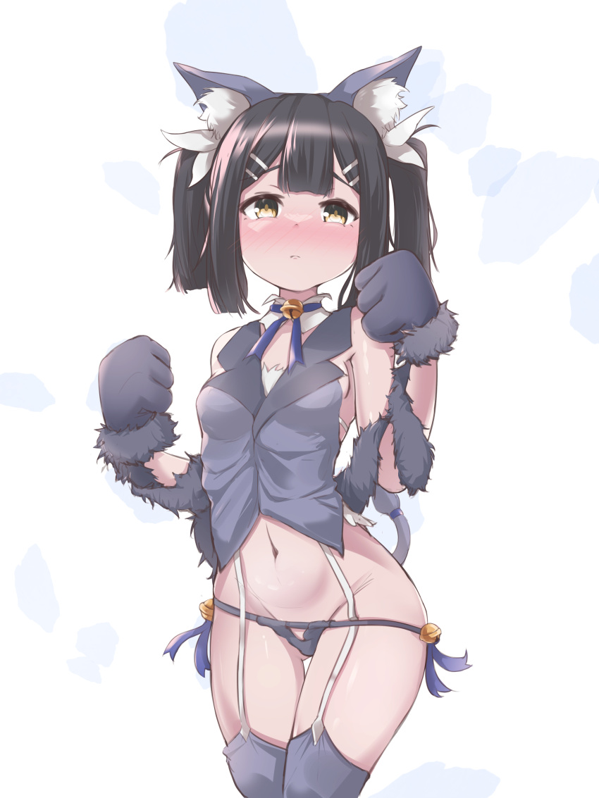 absurdres animal_ears animal_hands bad_id bad_pixiv_id black_hair blush breasts cat_ears cream_usagi fate/grand_order fate/kaleid_liner_prisma_illya fate_(series) female gloves grey_thighhighs hair_ornament hairclip highres korean_commentary looking_at_viewer miyu_edelfelt miyu_edelfelt_(beast_style) navel nose_blush oerba_yun_fang open_mouth paw_gloves short_hair skin_fang small_breasts solo sweat tail thighhighs thighs yellow_eyes