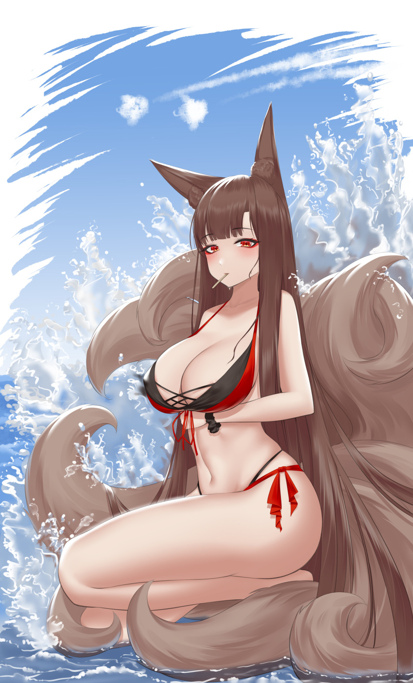 absurdres akagi_(azur_lane) akagi_(paradise_amaryllis)_(azur_lane) animal_ears azur_lane bare_arms bare_legs bare_shoulders barefoot bikini black_bikini blue_sky blunt_bangs blush breasts brown_hair closed_mouth day female fox_ears fox_girl fox_tail front-tie_bikini_top front-tie_top highres ichikushi_mojibake large_breasts layered_bikini long_hair looking_at_viewer mouth_hold multiple_tails navel official_alternate_costume on_one_knee outdoors popsicle_stick red_bikini red_eyes red_ribbon ribbon scrunchie side-tie_bikini_bottom skindentation sky solo stomach straight_hair swimsuit tail very_long_hair wrist_scrunchie