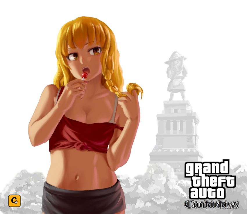 >_< alternate_costume apron azusa_(cookie) black_skirt blonde_hair bra braid breasts candy cleavage commentary_request cookie_(touhou) cowboy_shot crop_top dress female fist_pump food grand_theft_auto grand_theft_auto_iv hat highres kirisame_marisa licking lollipop long_hair looking_to_the_side megafaiarou_(talonflame_810) microskirt off_shoulder open_mouth partial_commentary red_shirt shirt single_braid skirt solo standing statue touhou twirling_hair underwear uzuki_(cookie) white_background white_bra witch_hat yellow_eyes