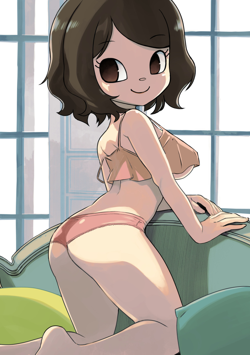 animal_crossing arched_back ass bare_arms bare_legs bare_shoulders barefoot bra breasts brown_eyes brown_hair closed_mouth eyelashes female highres kneeling looking_to_the_side medium_breasts muramasa_mikado murana_(muramasa_mikado) no_pupils orange_bra panties pillow pink_panties short_hair smile solo strap_slip swept_bangs underboob underwear villager_(animal_crossing) window