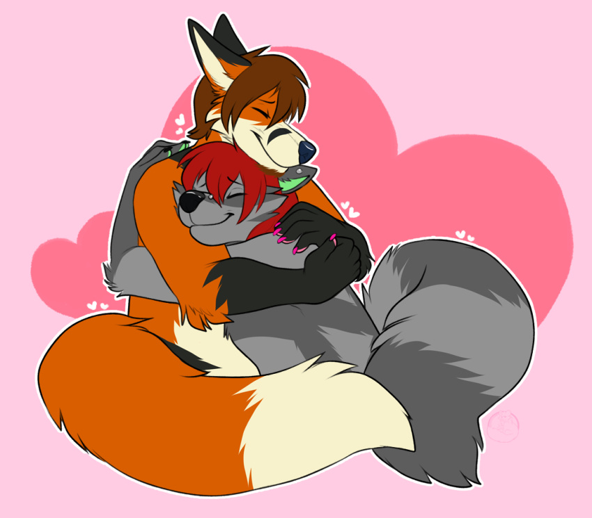 2020 brown_hair canid canine carifoxleopard closed_eyes digital_media_(artwork) duo fox fur hair hug mammal orange_body orange_fur procyonid raccoon red_hair smile