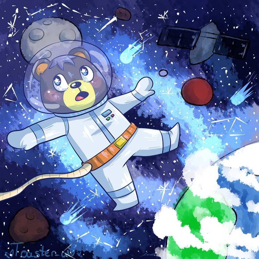 1:1 2019 animal_crossing anthro astronaut bear biped blush clothed clothing detailed_background earth mammal nintendo outside planet poncho_(animal_crossing) solo space toaster_aaa