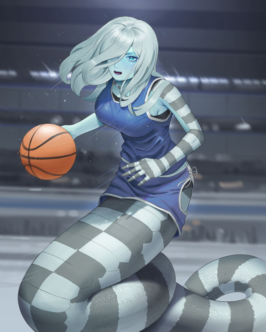 absurdres bad_id bad_twitter_id ball basketball basketball_(object) blue_eyes blue_sclera blurry blurry_background boonie_baby breasts colored_sclera colored_skin commentary female hair_over_one_eye highres hip_vent ivy_(sparrowl) lamia leaning_on_self long_hair looking_at_viewer monster_girl original scales solo sportswear symbol-only_commentary