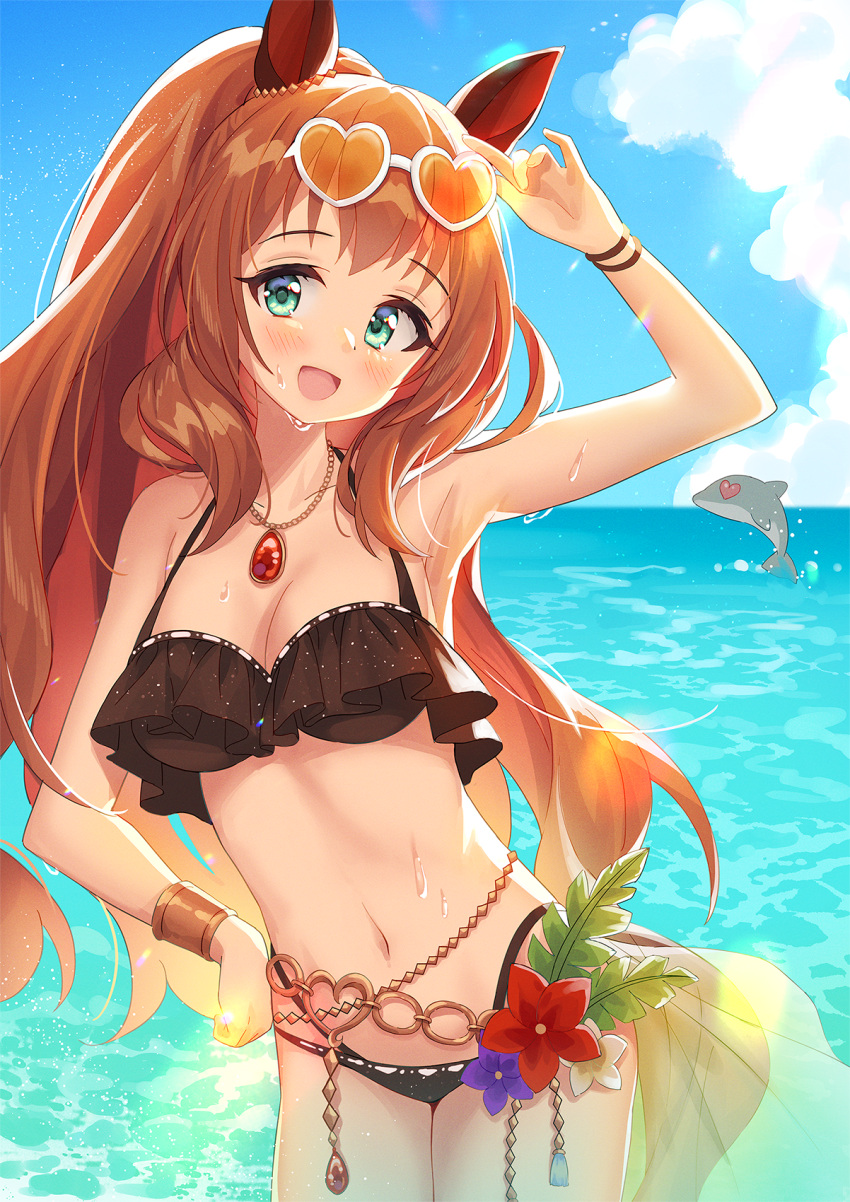 :d animal animal_ears arm_up armpits bare_shoulders bikini black_bikini blue_sky breasts brown_hair chobi_(penguin_paradise) cleavage cloud collarbone commentary_request day dolphin eyewear_on_head female flower green_eyes hand_on_own_hip heart heart-shaped_eyes heart-shaped_eyewear high_ponytail highres horizon horse_ears horse_girl horse_tail jewelry long_hair looking_at_viewer maruzensky_(blasting_off_summer_night)_(umamusume) maruzensky_(umamusume) medium_breasts navel ocean official_alternate_costume open_mouth orange-tinted_eyewear outdoors pendant ponytail purple_flower red_flower sky smile solo sunglasses swimsuit tail tinted_eyewear umamusume very_long_hair water wet white-framed_eyewear