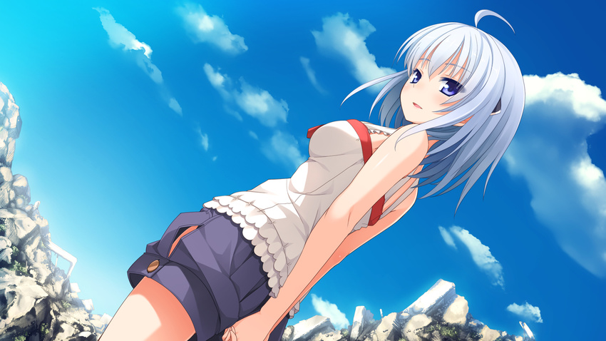 ahoge blue_eyes blue_hair blush clouds female game_cg imouto_no_katachi looking_back meta_(imouto_no_katachi) mutou_kurihito shorts sky sphere