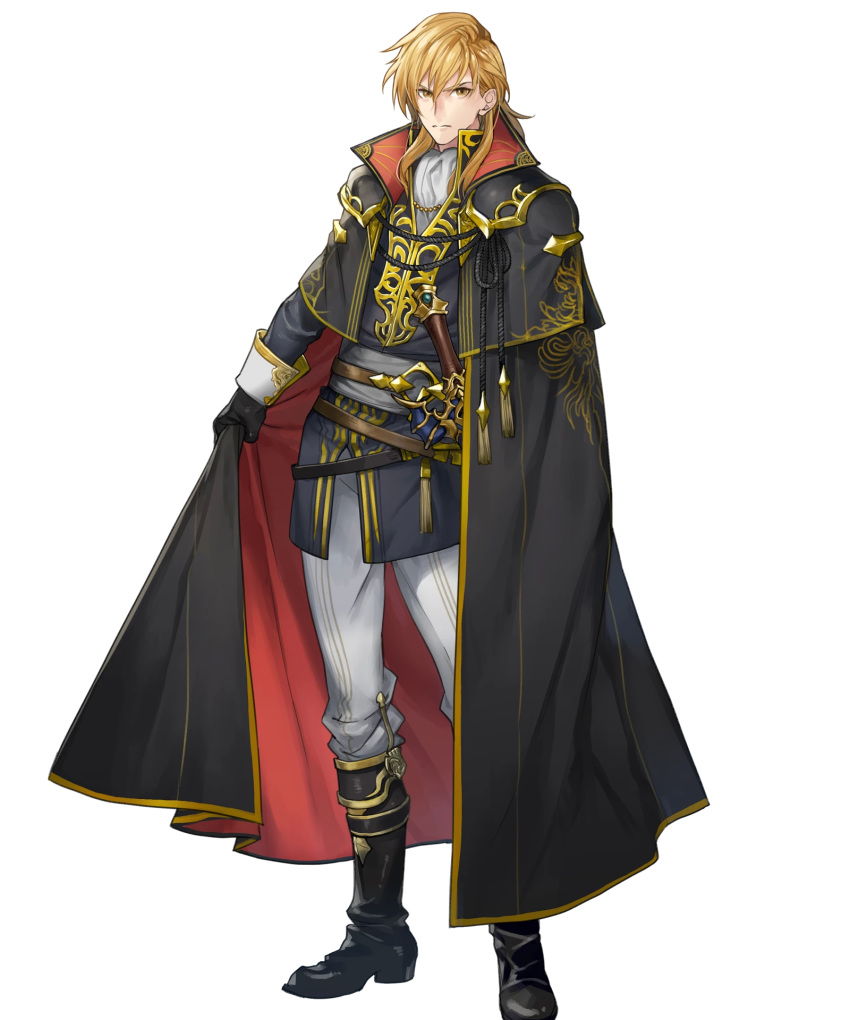 1boy ares_(fire_emblem) ascot black_cape black_capelet black_coat black_footwear blonde_hair boots cape cape_hold capelet coat collar commentary fire_emblem fire_emblem:_genealogy_of_the_holy_war fire_emblem_heroes full_body highres lips looking_at_viewer male_focus medium_hair mystletainn official_art p-nekor pants scowl serious sheath sheathed shoulder_pads sidelocks solo standing sword transparent_background weapon white_pants yellow_eyes