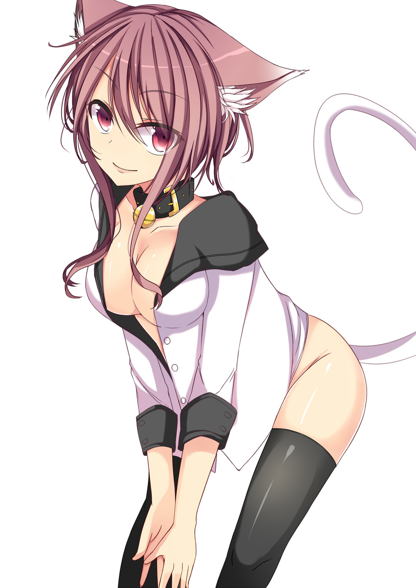 animal_ears bell black_thighhighs bloodcatblack breasts brown_hair cat_ears cat_tail cleavage collar commentary_request female highres jingle_bell leaning_forward looking_at_viewer medium_breasts no_panties original pink_eyes simple_background smile solo tail thighhighs white_background